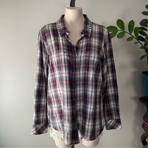 Lola P Studded Western Cowgirl Shirt Plaid Flannel Grunge 100% Cotton Size Large